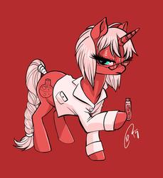 Size: 1600x1750 | Tagged: safe, artist:opalacorn, oc, oc only, oc:alchemilla, pony, unicorn, clothes, glasses, hoof hold, lab coat, red background, simple background, solo, vial