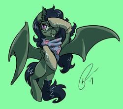 Size: 1600x1416 | Tagged: safe, artist:opalacorn, oc, oc:creeping vine, bat pony, pony, bat pony oc, clothes, fangs, gloves, goggles, green background, safety goggles, salute, signature, simple background, solo, tongue out