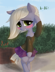 Size: 1150x1500 | Tagged: safe, artist:t72b, derpibooru exclusive, limestone pie, earth pony, pony, g4, atg 2019, bipedal, blushing, clothes, cute, female, limabetes, looking at you, mare, miniskirt, moe, nervous, newbie artist training grounds, skirt, skirt pull, solo, windswept mane