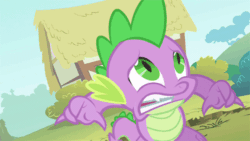 Size: 500x281 | Tagged: safe, screencap, spike, dragon, feeling pinkie keen, g4, animated, fangs, male, open mouth, ponyville, reaction image, scared, screaming, solo, teeth