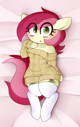 Size: 2200x3500 | Tagged: safe, artist:fullmetalpikmin, roseluck, earth pony, semi-anthro, g4, arm hooves, bare shoulders, blushing, body pillow, both cutie marks, clothes, cute, female, high res, looking at you, mare, ribbed sweater, socks, sweater, thigh highs, zettai ryouiki