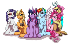 Size: 3900x2350 | Tagged: safe, artist:lupiarts, applejack, fluttershy, pinkie pie, rainbow dash, rarity, twilight sparkle, alicorn, draconequus, earth pony, pegasus, pony, unicorn, fanfic:my little pony: the unexpected future, aftermath, amputee, artificial wings, augmented, commission, draconequified, flutterequus, mane six, missing eye, missing limb, prosthetic limb, prosthetic wing, prosthetics, reunion, scar, simple background, sitting, species swap, stump, transparent background, twilight sparkle (alicorn), wings