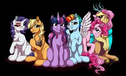 Size: 3900x2350 | Tagged: safe, artist:lupiarts, applejack, fluttershy, pinkie pie, rainbow dash, rarity, twilight sparkle, alicorn, draconequus, earth pony, pegasus, pony, unicorn, fanfic:my little pony: the unexpected future, alternate universe, amputee, artificial wings, augmented, black background, draconequified, eye scar, female, flutterequus, mane six, mare, missing eye, missing limb, prosthetic leg, prosthetic limb, prosthetic wing, prosthetics, scar, simple background, smiling, species swap, stump, twilight sparkle (alicorn), wings