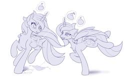 Size: 1600x1010 | Tagged: safe, artist:dstears, princess celestia, princess luna, alicorn, pony, g4, cheek fluff, chest fluff, duo, ear fluff, female, glowing, glowing horn, horn, leg fluff, magic, magic aura, mare, monochrome, royal sisters, siblings, sisters, smiling, style emulation, water balloon