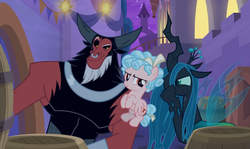 Size: 1647x982 | Tagged: safe, screencap, cozy glow, lord tirek, queen chrysalis, centaur, changeling, changeling queen, pegasus, pony, g4, season 9, the summer sun setback, adorabolical, antagonist, banner, barrel, belly, bow, bracer, canterlot, cozybetes, crown, cute, evil, evil smile, female, filly, flying, foal, freckles, grin, hair bow, jewelry, leaning, legion of doom, listening, male, mare, night, nose piercing, nose ring, piercing, plan, raised eyebrow, regalia, scheme, septum piercing, smiling, smirk, stairs, tail bow, tirebetes, trio, wall of tags, whispering