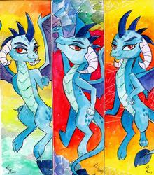 Size: 1024x1163 | Tagged: safe, artist:lailyren, princess ember, dragon, g4, abstract background, bookmark, dragoness, female, looking at you, pose, solo, traditional art, watercolor painting