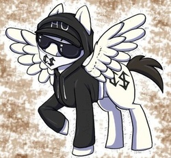 Size: 400x370 | Tagged: source needed, safe, artist:akie-tara, oc, oc only, pegasus, pony, bandana, cap, charlie scene, clothes, hat, hollywood undead, hoodie, male, ponified, raised hoof, rapper, solo, spread wings, stallion, sunglasses, wings