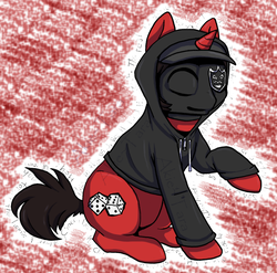 Size: 761x752 | Tagged: safe, artist:akie-tara, oc, oc only, pony, unicorn, cap, clothes, funny man, hat, hollywood undead, hoodie, male, mask, ponified, raised hoof, rapper, sitting, solo, stallion