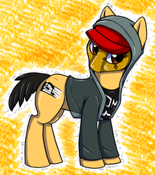 Size: 715x806 | Tagged: safe, artist:akie-tara, oc, oc only, earth pony, pony, cap, clothes, danny murillo, hat, hollywood undead, hoodie, looking at you, male, mask, ponified, raised hoof, rapper, solo, stallion