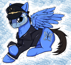 Size: 852x771 | Tagged: dead source, safe, artist:akie-tara, oc, oc only, pegasus, pony, clothes, hat, hollywood undead, jacket, johnny 3 tears, leather jacket, male, mask, ponified, rapper, sitting, stallion
