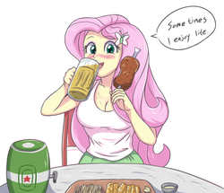 Size: 2055x1771 | Tagged: safe, artist:sumin6301, fluttershy, equestria girls, g4, alcohol, beer, blushing, breasts, busty fluttershy, dialogue, drinking, eating, female, food, heineken, looking at you, meat, solo, speech bubble, table, tray