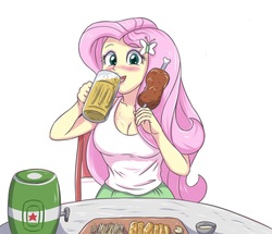Size: 2055x1771 | Tagged: safe, artist:sumin6301 edits, edit, fluttershy, equestria girls, g4, alcohol, beer, blushing, breasts, busty fluttershy, cleavage, drinking, eating, female, food, heineken, looking at you, meat, solo, table, tray