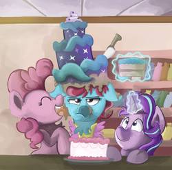Size: 898x890 | Tagged: safe, artist:saxopi, cup cake, pinkie pie, starlight glimmer, g4, no second prances, cake, floppy ears, food, licking, scene interpretation, tongue out, unamused