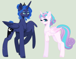 Size: 1508x1180 | Tagged: safe, artist:nocturnal-moonlight, princess flurry heart, princess luna, alicorn, pony, g4, alternate hairstyle, duo, female, mare, older, older flurry heart, simple background