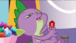 Size: 1366x768 | Tagged: safe, screencap, spike, dragon, g4, my little pony: friendship is magic, princess spike, bowl of gems, discovery family logo, gem, leaning back, male, open mouth, relaxing, ruby, sitting, solo, that face