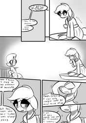 Size: 1493x2125 | Tagged: safe, artist:provolonepone, applejack, rarity, earth pony, pony, unicorn, comic:a sapphic story, g4, clothes, comic, coming out, crying, cute, dress, implied lesbian, jackabetes, monochrome, raribetes, sad, sadorable