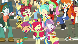 Size: 1280x720 | Tagged: safe, screencap, apple bloom, curly winds, drama letter, golden hazel, normal norman, paisley, rose heart, sandalwood, scootaloo, scott green, some blue guy, sweetie belle, tennis match, valhallen, velvet sky, watermelody, wiz kid, human, equestria girls, g4, my little pony equestria girls: friendship games, background human, clothes, cutie mark crusaders, foam finger, pants, shoes, sneakers