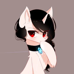 Size: 900x900 | Tagged: safe, artist:heddopen, oc, oc only, pony, unicorn, ear fluff, female, gem, jewelry, looking at you, necklace, shy