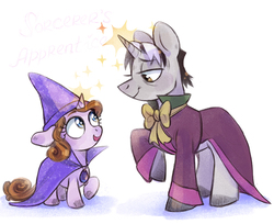 Size: 669x547 | Tagged: safe, artist:kessavel-art, pony, unicorn, cedric the sorcerer, clothes, crossover, disney, hat, magic, ponified, princess sofia, robe, sofia the first, wizard hat