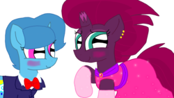 Size: 1920x1080 | Tagged: safe, artist:徐詩珮, fizzlepop berrytwist, spring rain, tempest shadow, pony, unicorn, g4, broken horn, clothes, dress, eye scar, female, horn, lesbian, mare, scar, ship:springshadow, shipping, simple background, tomboy taming, transparent background
