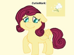 Size: 1200x900 | Tagged: safe, oc, oc only, oc:gentle breeze, hybrid, pegasus, pony, chest fluff, cute, cute little fangs, fangs, floppy ears, interspecies offspring, offspring, parent:discord, parent:fluttershy, parents:discoshy, pegasus oc, simple background, solo, wingding eyes, yellow background