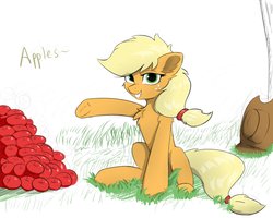 Size: 1280x1024 | Tagged: safe, artist:d.w.h.cn, applejack, earth pony, pony, g4, apple, applejack's hat, chest fluff, cowboy hat, female, food, hat, simple background, solo, underhoof