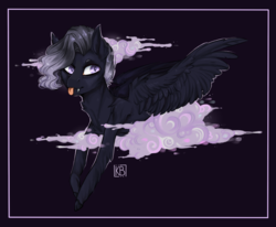 Size: 1865x1536 | Tagged: safe, artist:karamboll, pegasus, pony, cloud, fangs, glowing eyes, short hair, short mane, smoke, solo, tongue out, wings