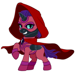 Size: 1246x1200 | Tagged: safe, artist:vasillium, oc, oc only, oc:nyx, alicorn, pony, alicorn oc, bedroom eyes, boots, cape, clothes, collar, cosplay, costume, cutie mark, cutie mark collar, cutie mark on clothes, disguise, eyelashes, female, filly, happy, hood, horn, lidded eyes, looking at you, mask, moon, nostrils, open mouth, princess, raised hoof, royalty, secret, secret identity, shoes, simple background, smiling, smirk, smug, solo, standing, suit, superhero, tail, teeth, transparent background, uniform, wings