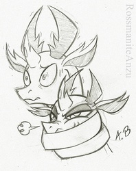 Size: 1159x1466 | Tagged: safe, artist:rossmaniteanzu, pharynx, thorax, changedling, changeling, g4, annoyed, brothers, changedling brothers, embrace, king thorax, male, pencil drawing, prince pharynx, scared, siblings, sketch, traditional art