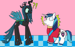 Size: 2000x1252 | Tagged: safe, artist:logan jones, queen chrysalis, shining armor, changeling, changeling queen, pony, unicorn, a canterlot wedding, g4, alternate scenario, disgusted, dispelling, exclamation point, female, interrobang, male, question mark, shocked, this will not end well