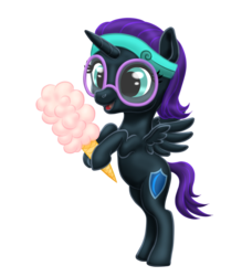 Size: 947x1080 | Tagged: safe, artist:vasillium, oc, oc only, oc:nyx, alicorn, pony, alicorn oc, clothes, cotton candy, cute, cutie mark, female, filly, flying, glasses, happy, headband, holding, horn, moon, nostrils, nyxabetes, princess, royalty, simple background, smiling, solo, tail, transparent background