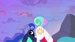 Size: 1920x1080 | Tagged: safe, screencap, princess celestia, princess luna, alicorn, pony, between dark and dawn, g4, ass up, butt, cutie mark, duo, ethereal mane, evening, face down ass up, female, folded wings, majestic as fuck, mare, moonbutt, out of context, plot, praise the moon, praise the sun, royal sisters, siblings, sisters, sunbutt, tail bun, wings