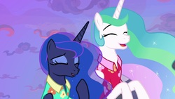 Size: 1920x1080 | Tagged: safe, screencap, princess celestia, princess luna, pony, between dark and dawn, g4, bare hooves, clothes, ethereal mane, eyes closed, eyeshadow, female, flowing mane, folded wings, hawaiian shirt, laughing, makeup, open mouth, raised hoof, royal sisters, shirt, siblings, sisters, wings