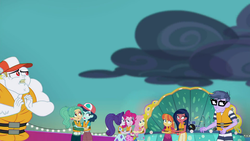 Size: 1920x1080 | Tagged: safe, screencap, bulk biceps, desert sage, fluttershy, garden grove, ink jet, micro chips, orange sunrise, pinkie pie, rarity, equestria girls, equestria girls specials, g4, my little pony equestria girls: better together, my little pony equestria girls: spring breakdown, cap, female, glasses, hat, lifejacket, male, ponytail, sky