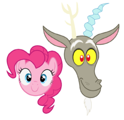 Size: 1204x1168 | Tagged: safe, artist:dipi11, discord, pinkie pie, g4, disembodied head, duo, female, floating head, head, male, ship:discopie, shipping, straight, vector