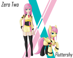 Size: 2560x2048 | Tagged: safe, artist:hugo231929, fluttershy, human, pegasus, pony, g4, anime, clothes, cosplay, costume, darling in the franxx, headband, high res, looking at you, pose, raised hoof, smiling, uniform, zero two (darling in the franxx)