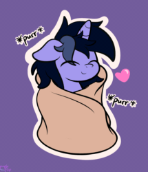 Size: 1148x1336 | Tagged: safe, artist:php142, oc, oc only, oc:purple flix, pony, unicorn, animated, blanket, blanket burrito, burrito, eyes closed, food, heart, male, simple background, solo, text, wrapped up