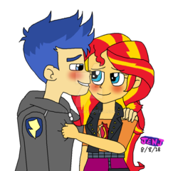 Size: 1024x982 | Tagged: safe, artist:stella-exquisa, flash sentry, sunset shimmer, equestria girls, g4, blushing, female, male, ship:flashimmer, shipping, straight