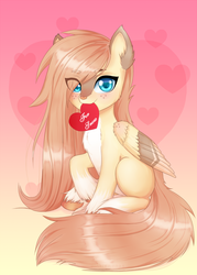 Size: 1500x2100 | Tagged: safe, artist:pinklemon23, artist:winnigrette, oc, oc only, hybrid, pony, blue eyes, blushing, chest fluff, coat markings, cute, digital art, facial markings, freckles, heart, holiday, looking at you, markings, mouth hold, pale belly, pony hybrid, shiny mane, shiny tail, sitting, socks (coat markings), solo, unshorn fetlocks, valentine's day, white belly, ych result