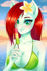Size: 1407x2104 | Tagged: safe, artist:pinklemon23, artist:winnigrette, derpibooru exclusive, oc, oc only, anthro, absolute cleavage, anthro oc, beach, bikini, blushing, breasts, cleavage, clothes, colored pupils, digital art, eye clipping through hair, female, flower, flower in hair, food, hair over one eye, looking at you, mare, popsicle, smiling, summer, sunset, swimsuit, water