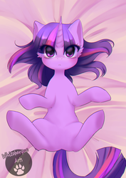 Size: 1105x1563 | Tagged: safe, artist:whitebarque, edit, twilight sparkle, pony, unicorn, g4, bed, bedroom, female, looking at you, lying down, mare, on back, solo, unicorn twilight