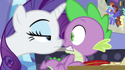 Size: 1280x720 | Tagged: safe, screencap, rarity, spike, dragon, pony, unicorn, dragon dropped, g4, boop, female, male, mare, noseboop, rarity is not amused, spike's room, tail, unamused, winged spike, wings
