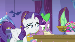 Size: 1280x720 | Tagged: safe, screencap, rarity, spike, dragon, pony, unicorn, dragon dropped, g4, female, male, pouting, spike's room, winged spike, wings