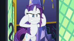 Size: 1920x1080 | Tagged: safe, screencap, rarity, pony, unicorn, dragon dropped, g4, my little pony: friendship is magic, season 9, angry, bipedal, faic, messy mane, rage