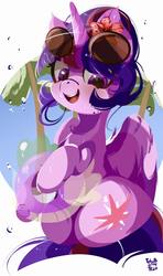 Size: 1352x2283 | Tagged: safe, artist:tohupo, spike, twilight sparkle, alicorn, pony, g4, alternate hairstyle, beach, cute, female, flower, flower in hair, inflatable, inner tube, mare, open mouth, palm tree, solo, sunglasses, tree, twiabetes, twilight sparkle (alicorn), water droplet
