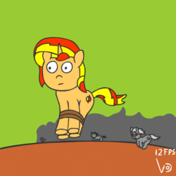 Size: 800x800 | Tagged: safe, artist:vohd, sunset shimmer, earth pony, pony, unicorn, g4, animated, chase, crowd, cute, evil, female, frame by frame, hopping, jumping, not salmon, red eyes, running, shimmerbetes, tied up, wat