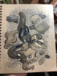 Size: 1536x2048 | Tagged: safe, artist:andy price, pinkie pie, earth pony, pony, g4, candy, female, food, male, mare, solo, spider web, spider-man, toned paper, traditional art