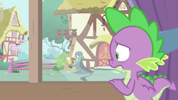 Size: 1920x1080 | Tagged: safe, screencap, gabby, spike, dragon, griffon, dragon dropped, g4, :c, camera, frown, sad, window, winged spike, wings