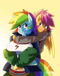 Size: 1260x1601 | Tagged: safe, artist:traupa, rainbow dash, scootaloo, pegasus, anthro, g4, breasts, busty rainbow dash, clothes, cute, cutealoo, dashabetes, female, mare, piggyback ride, scootalove, smiling