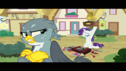 Size: 1360x768 | Tagged: safe, screencap, gabby, rarity, griffon, pony, unicorn, dragon dropped, g4, angry, black bars, gif, letterboxing, non-animated gif, ponyville, say anything, wrong aspect ratio